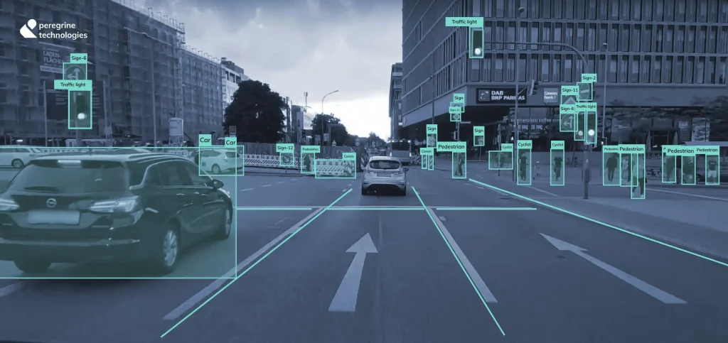 Autos auf einer mehrspurigen Straße, transparente Vierecke symbolisieren die Objekterkennung in der Umgebung
