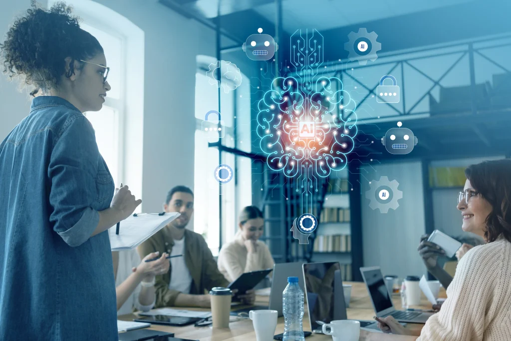 Eine Person nutzt ein KI-Tool während einer Team-Besprechung