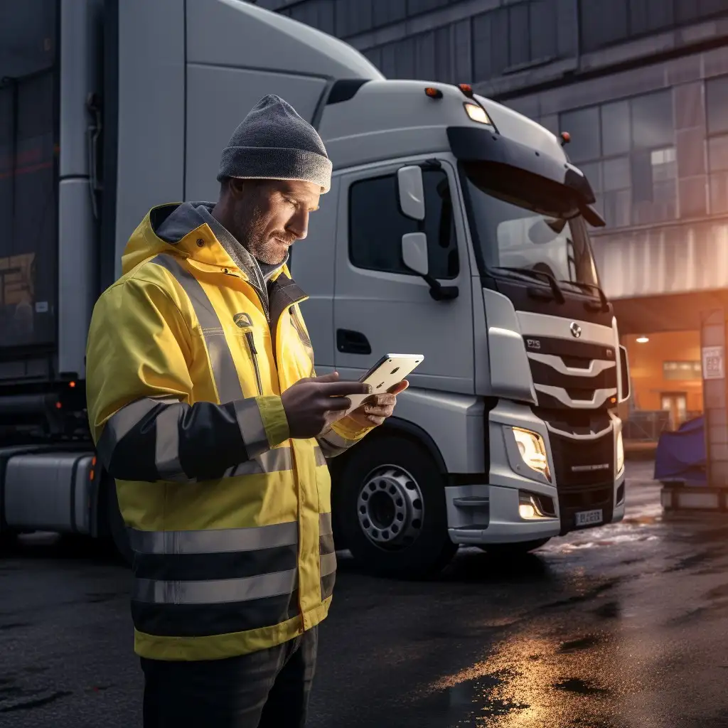 Mitarbeiter steht vor seinem LKW und schaut auf ein Tablet