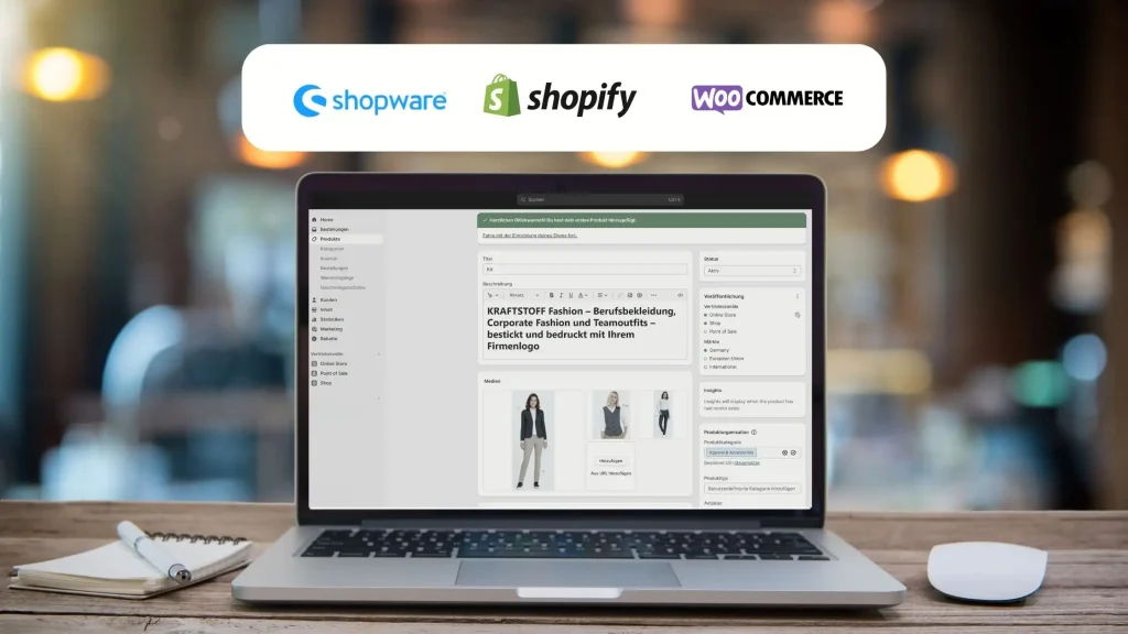 Ein Bildschirm auf dem die Nutzeransicht eines Webshop-Tools zu sehen ist sowie die 3 getesteten Webshop-Logos shopware, shopify, WooCommerce