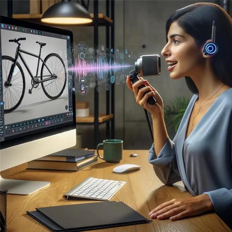 Zu sehen ist eine Person, die über Spracherkennung ein CAD-Modell von einem Fahrrad generieren lässt