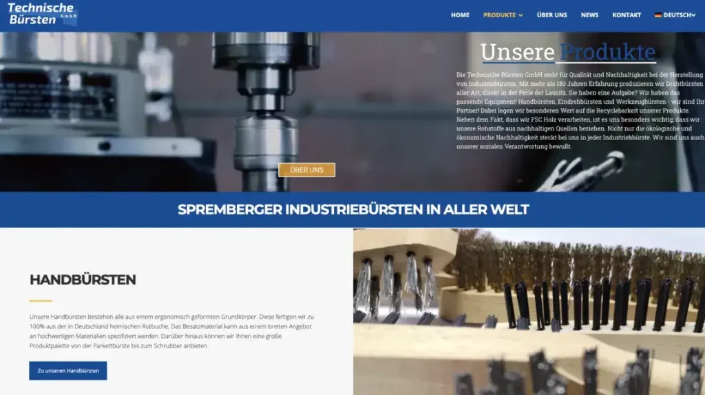 Es wird ein Bild von der Website des Unternehmens Technische Bürsten GmbH dargestellt.