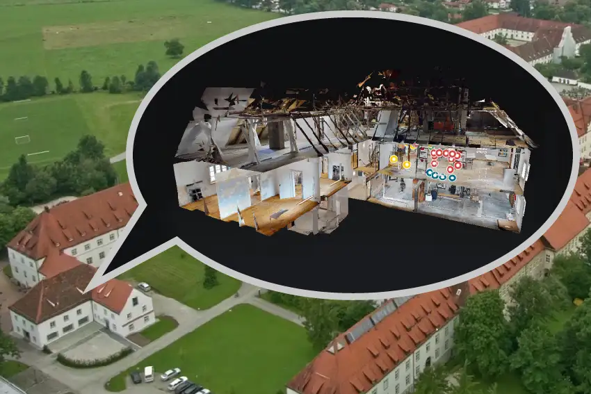 Im Hintergrund das Kloster Benediktbeuern, im Vordergrund die Darstellung eines 3D-Scans der Alten Schäfflerei