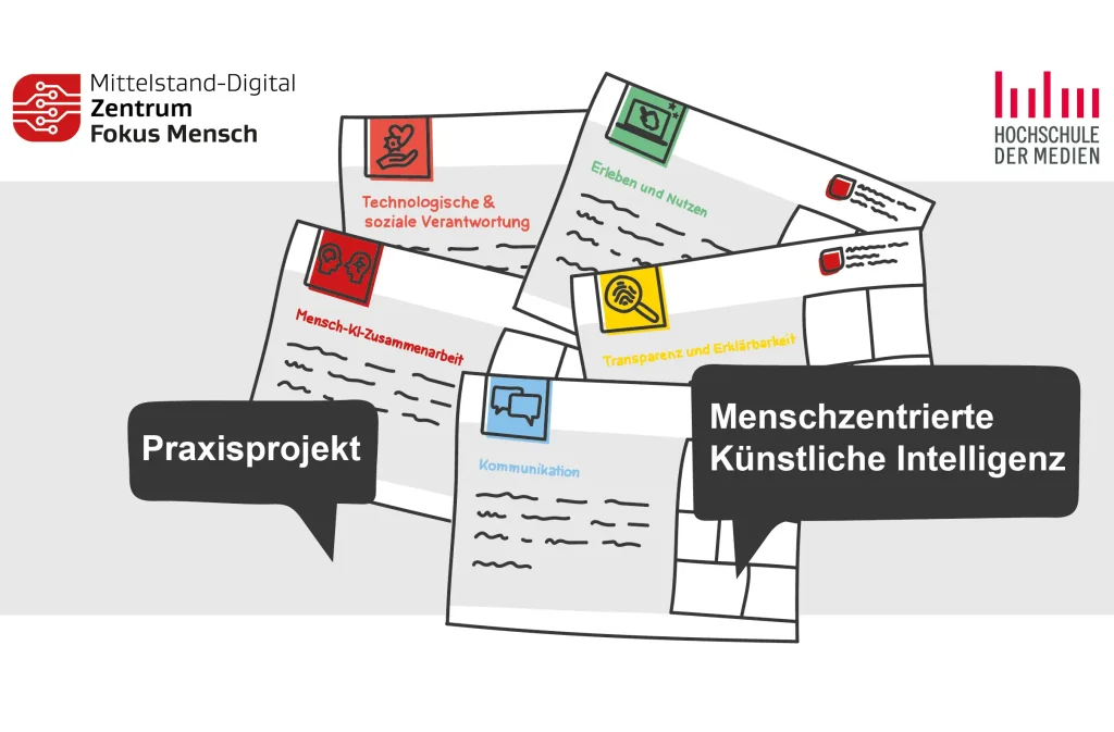 Auf dem Bild sind mehrere illustrierte Dokumente zu sehen, die verschiedene Aspekte menschzentrierter Künstlicher Intelligenz thematisieren. Zwei schwarze Sprechblasen heben die Begriffe „Praxisprojekt“ und „Menschzentrierte Künstliche Intelligenz“ hervor