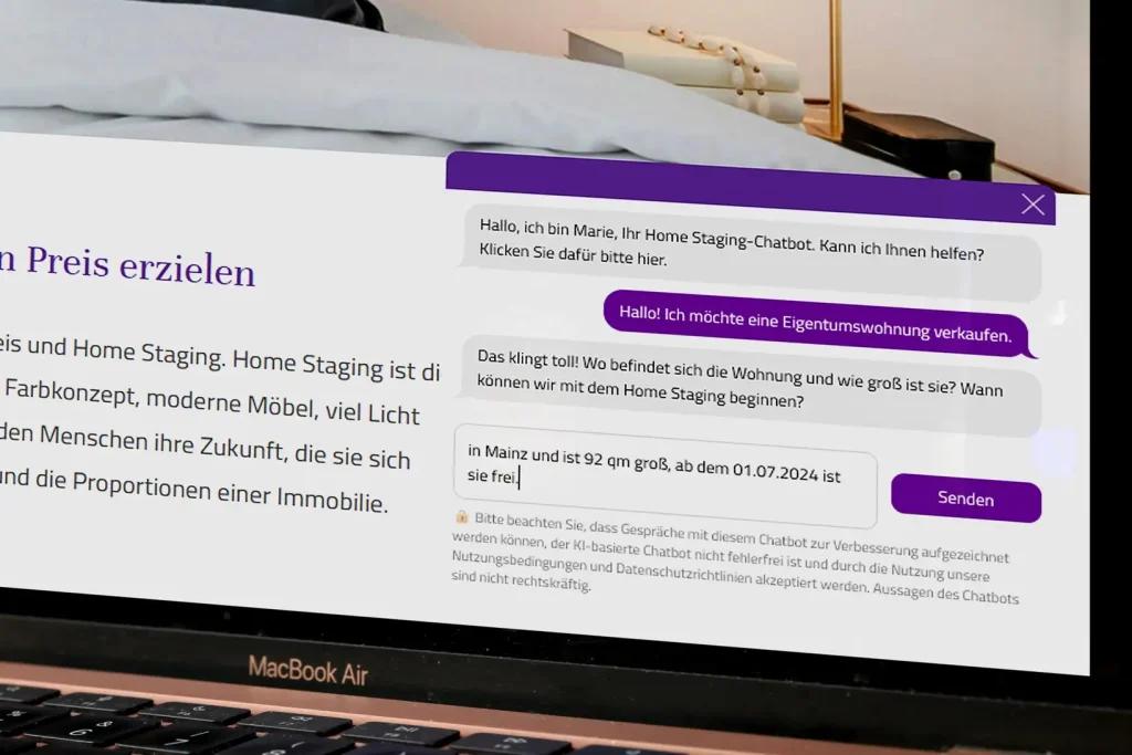 Zu sehen ist ein Bildschirm mit dem neuen Chatbot namens Marie.