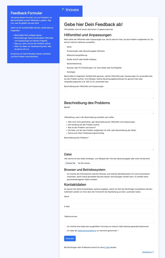 Darstellung eines Formulars, in dem es Nutzenden ermöglicht wird, Feedback über die Barrierefreiheit zu geben. Dabei kann ausführlich angegeben werden, was das Problem für die betroffene Person war.