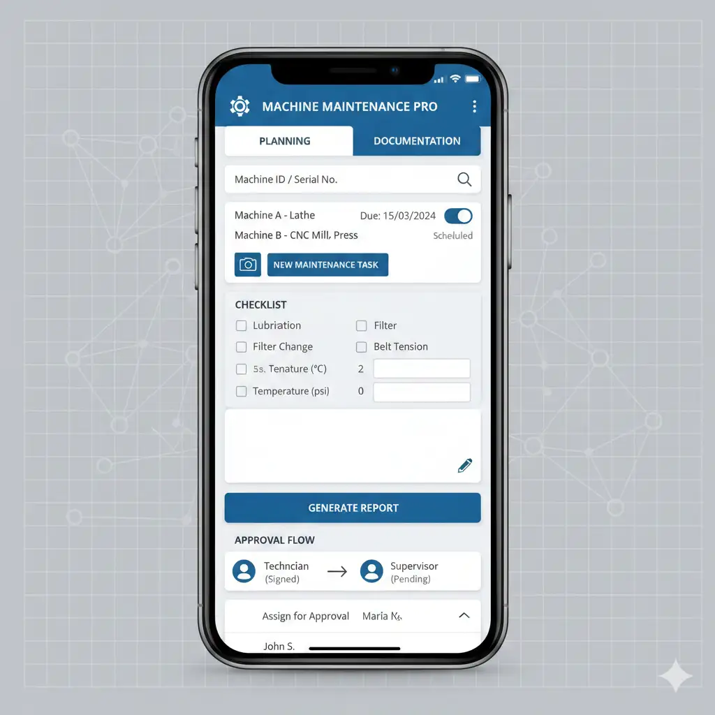 Screenshot einer mobilen App zur Dokumentation von Maschinen