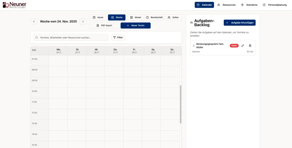 Dieses Bild zeigt die Wochenansicht der Terminplanungsapp