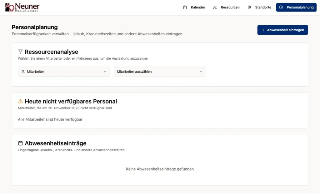 Dieses Bild zeigt die Ressourcenplanungsseite der Terminplanungsapp
