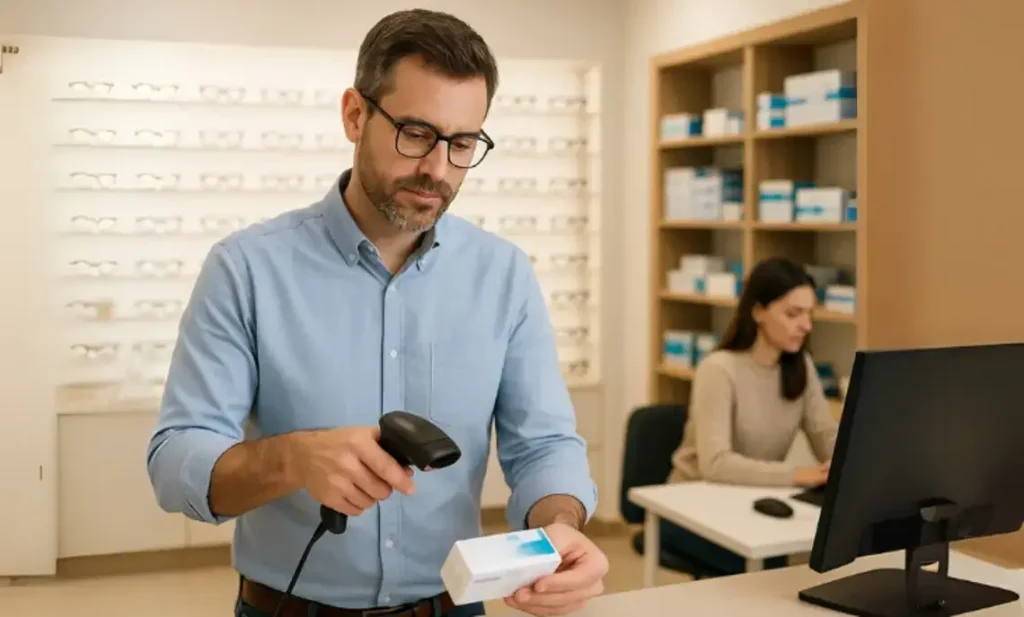 Ein Mann scannt eine Packung Kontaktlinsen in einem Optikergeschäft