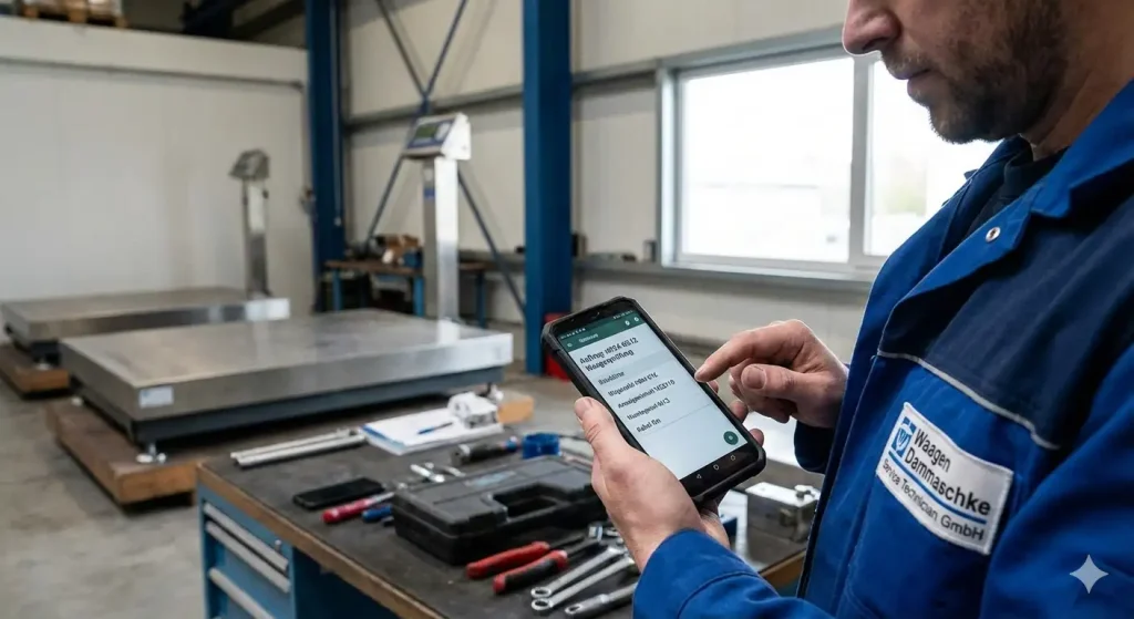 Servicetechniker bedient mobile App auf Smartphone