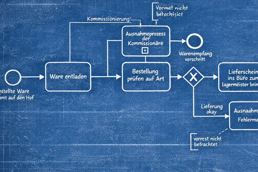 Der in BPMN-Notation aufgenommene Prozess wird als altertümliche Blaupause im Anschnitt dargestellt