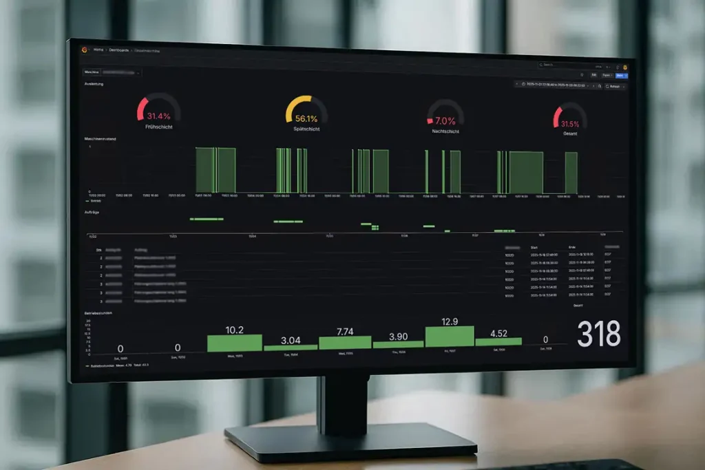 Ein Monitor zeigt ein dunkles Dashboard mit Diagrammen und Kennzahlen zur Maschinen- und Schichtauslastung, inklusive Zeitverläufen, Balkendiagrammen und Gesamtübersicht.