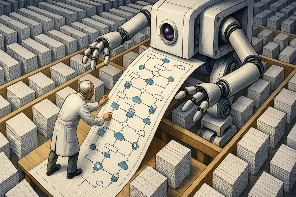 Ein kI generiertes Bild eines großen Computers, der Prozesse auf Papier ausdruckt , welche vom Mensch überprüft werden. Sie stehen in Mitten von geordneten Stapeln Papier.