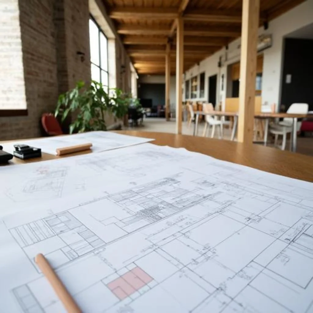 Auf einem Tisch liegen Baupläne und Zeichnungen, im Hintergrund ist ein heller Arbeitsraum mit Holzbalken, großen Fenstern, Pflanzen und mehreren Tischen und Stühlen zu sehen.