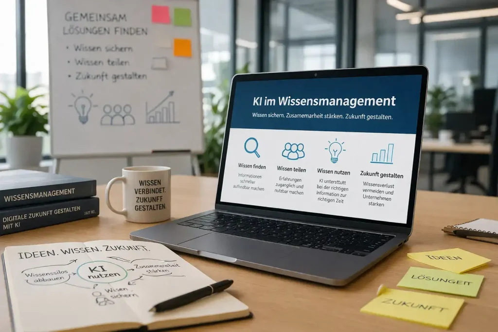 Das Bild zeigt ein Schreibtisch mit einem Laptop auf dem eine Abbildung zu KI im Wissensmanagement abgebildet ist. Auf dem Tisch sind Stift, Tasse, Notizblock und Post-Its verteilt auf dem Inhalte zum Thema Wissensmanagement stehen.
