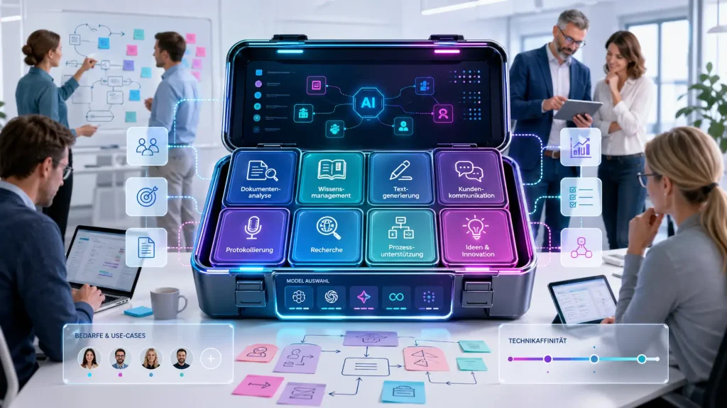 Zentral ist ein geöffneter Werkzeugkasten dargestellt, der symbolische relevante KI-Tools präsentiert. Die Umgebung ist ein stereotypisches Büroumfeld mit Mitarbeitenden im Gespräch, am Whiteboard und am PC.