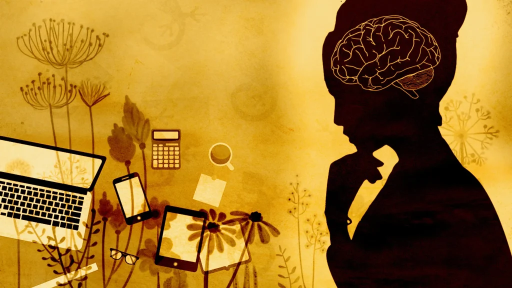 Silhouette einer nachdenklichen Person. Um die Person herum schweben digitale Geräte und Symbole wie Laptop, Smartphone, Tablet und Lupe vor einem warmen Hintergrund mit Pflanzenmotiven. Das Bild symbolisiert Denken, Lernen und digitale Arbeit.