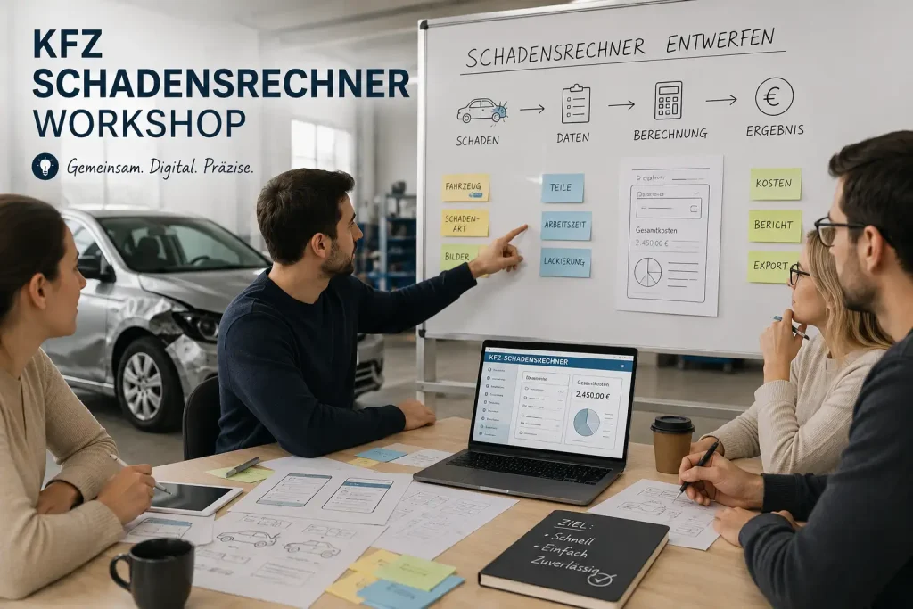 Eine Planwand, vier Menschen am Tisch davor, die diskutieren