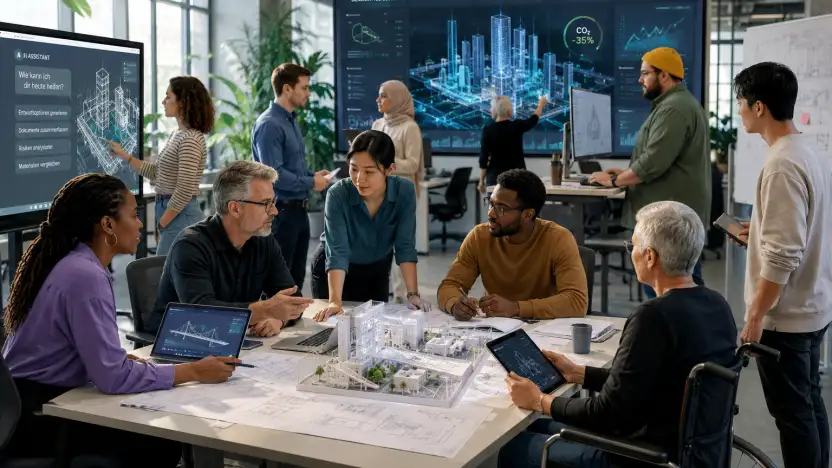 Menschen, die in einer Workshopatmosphäre um einen Tisch sitzen. Auf dem Tisch sind Architekturpläne und Modelle. Im Hintergrund sind Bildschirme mit digitalen Planungsmodellen zu sehen.